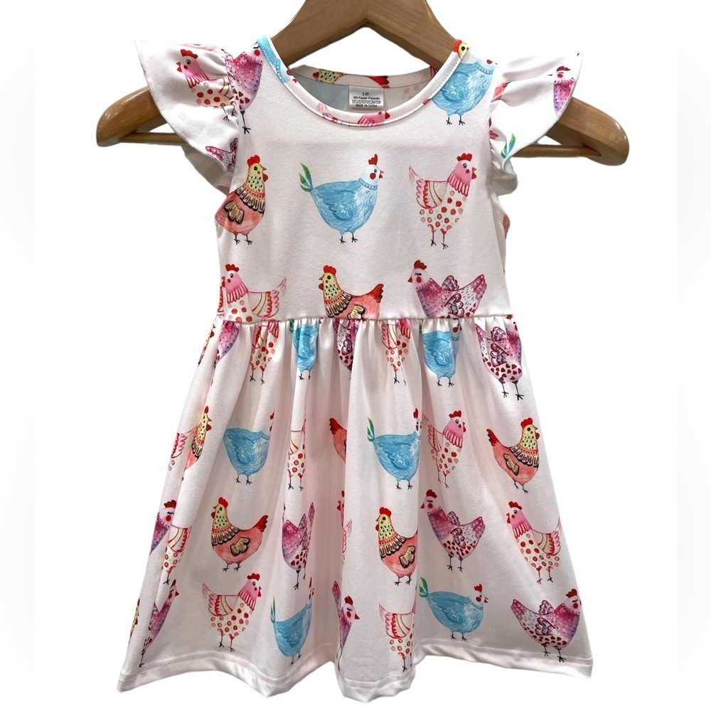New Girls Chicken Ruffle Sleeve Light Pink Round Neck Kids Farm Twirly Dress